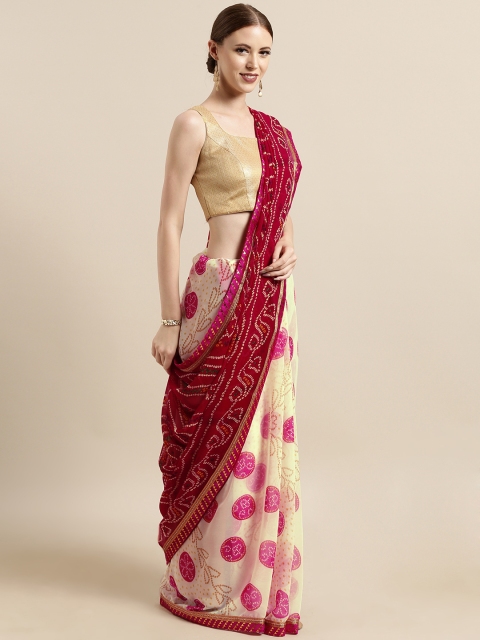 

Tikhi Imli White & Pink Organza Bandhani Printed Saree