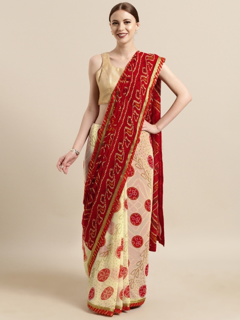 

Tikhi Imli Beige & Red Poly Georgette Bandhani Printed Saree