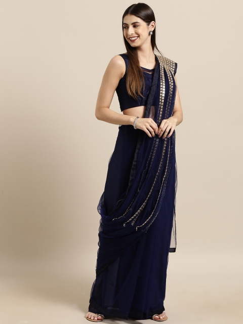

Tikhi Imli Navy Blue Solid Net Saree With Embellished Pallu Detail