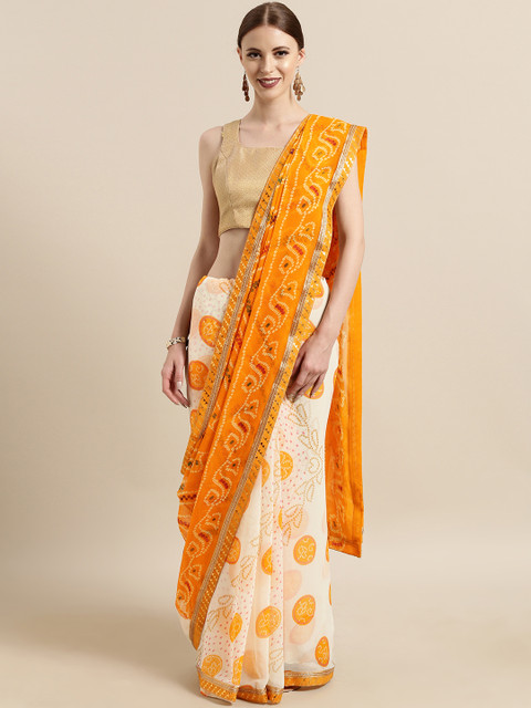 

Tikhi Imli Mustard Yellow & Off-White Poly Georgette Printed Saree