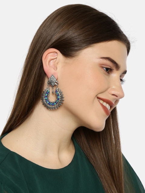 

Fida Silver-Toned & Blue Crescent Shaped Oxidised Drop Earrings