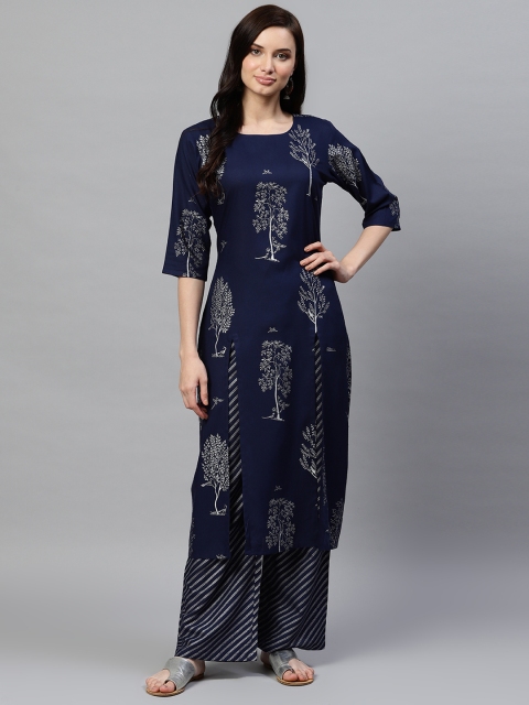 

AHIKA Women Navy Blue & Silver Screen Print Kurta with Palazzos