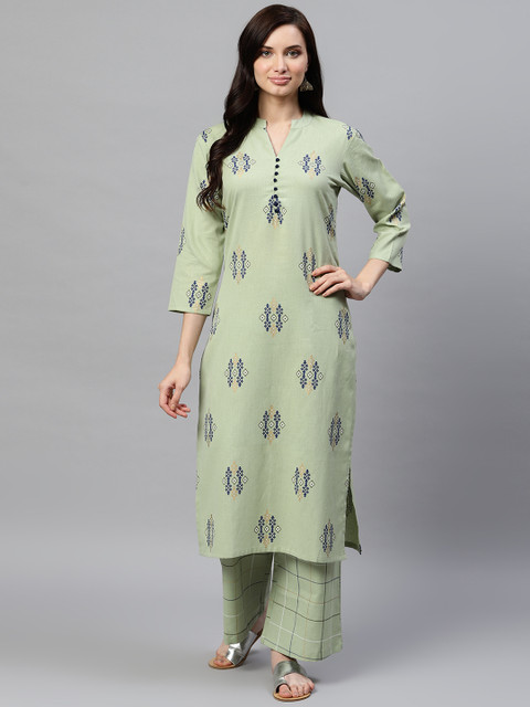 

AHIKA Women Green & Navy Blue Screen Print Kurta with Palazzos