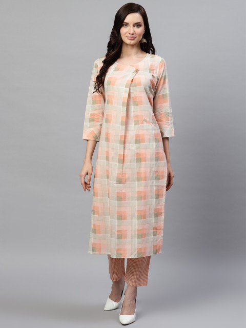

AHIKA Women Peach-Coloured & Green Checked Kurta with Trousers