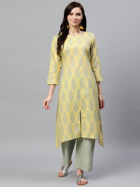 

AHIKA Women Yellow & Green Screen Print Asymmetric Kurta with Palazzos