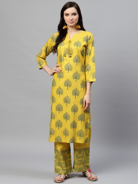 

AHIKA Women Mustard Yellow & Teal Green Screen Print Kurta with Palazzos
