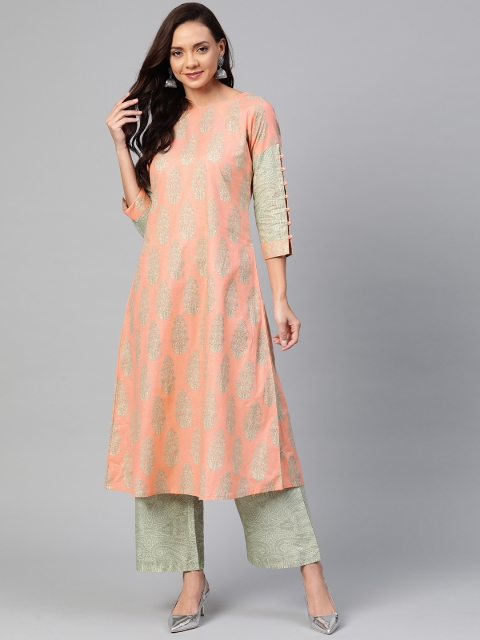 

AHIKA Women Peach-Coloured & Green Printed Kurta with Palazzos