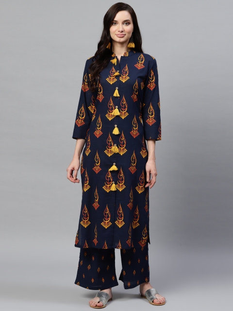 

AHIKA Women Navy Blue & Rust Orange Screen Print Kurta with Palazzos