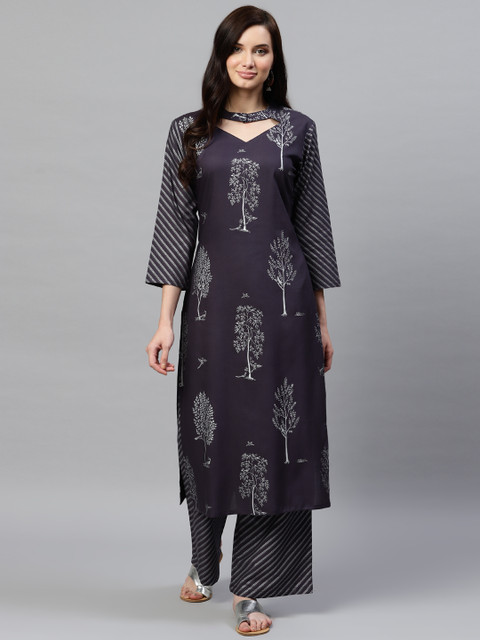

AHIKA Women Charcoal Grey & Silver Printed Kurta with Palazzos