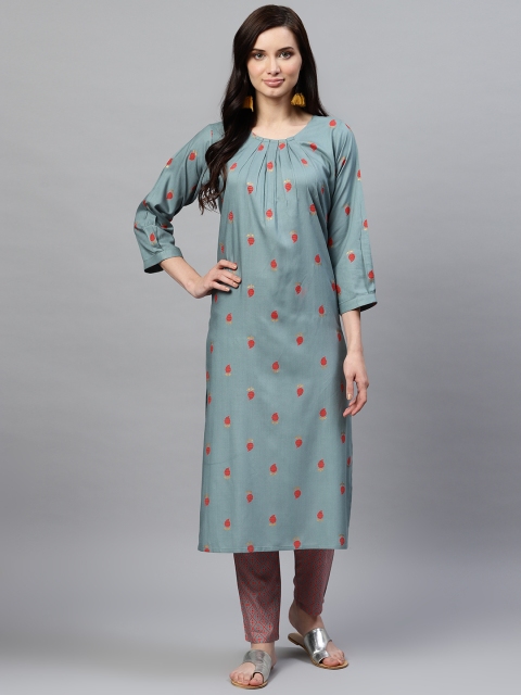 

AHIKA Women Blue & Coral Red Screen Print Kurta with Trousers