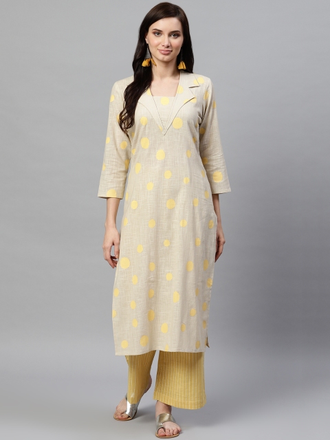 

AHIKA Women Beige & Mustard Yellow Printed Kurta with Palazzos