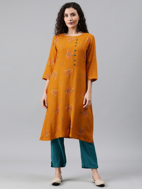 

Anyuka Women Mustard & Teal Printed Straight Kurta