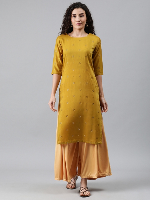 

Anyuka Women Mustard Yellow Embellished Straight Kurta
