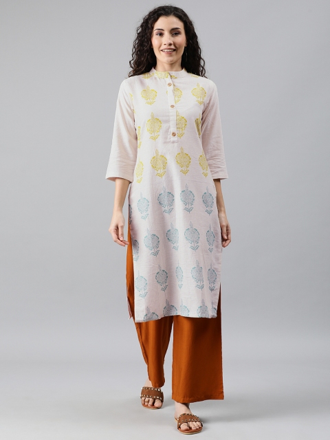 

Anyuka Women Off-White & Yellow Printed Straight Kurta