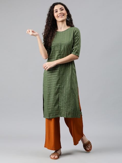 

Anyuka Women Olive Green Gotta Patti Striped Straight Kurta