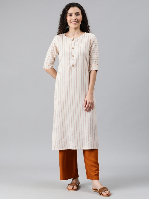 

Anyuka Women Off-White & Orange Striped Straight Kurta with Pocket