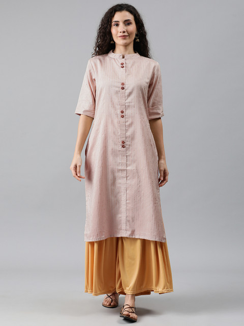 

Anyuka Women Cream-Coloured & Gold-Toned Striped Straight Kurta