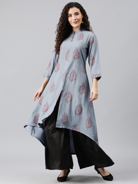 

Anyuka Women Grey & Red Printed High-Low Hem A-Line Kurta