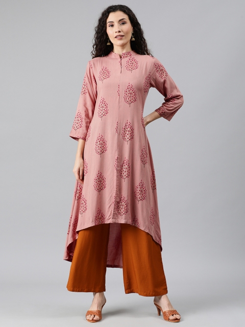 

Anyuka Women Peach-Coloured & Red Printed High-Low Hem A-Line Kurta