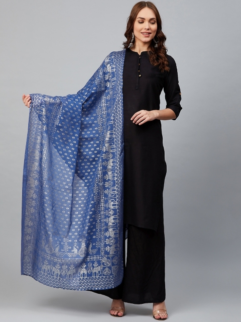 

AURELIA Women Navy Blue & Silver Ethnic Print Pure Cotton Dupatta