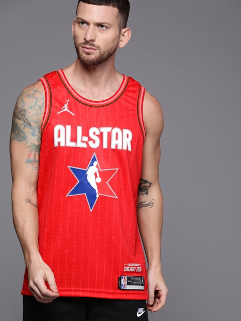 

Nike Men Red Printed Dri-Fit SWGMN JSY Standard Fit Round Neck Basketball T-shirt