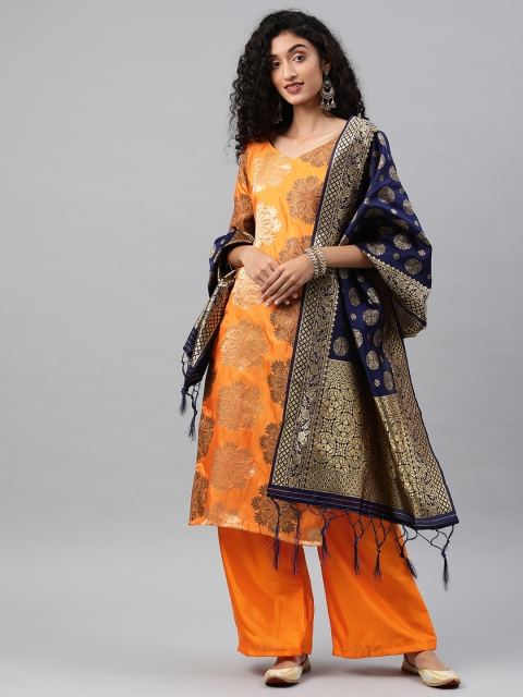 

Satrani Orange & Golden Woven Design Silk Blend Unstitched Dress Material