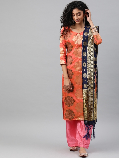 

Satrani Coral Orange & Pink Woven Design Silk Blend Unstitched Dress Material