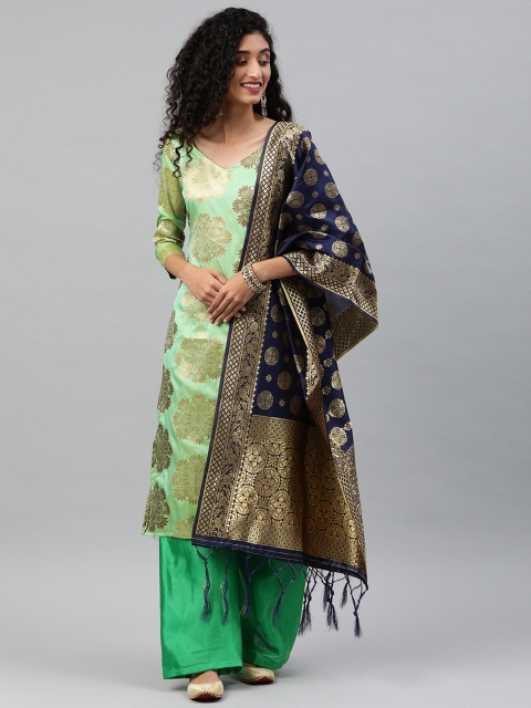 

Satrani Green & Golden Woven Design Silk Blend Unstitched Dress Material
