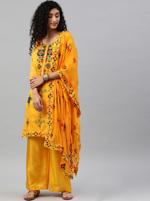 

Satrani Mustard Yellow & Green Cotton Blend Unstitched Dress Material