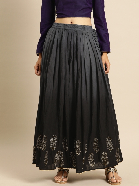

Soch Women Black & Gold-Toned Solid Flared Skirt With Foil Print With Pleats