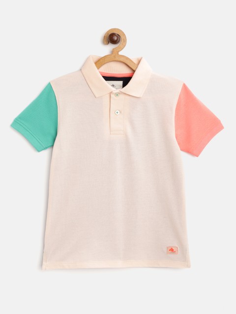 

Cherry Crumble Boys Peach-Coloured & Navy Blue Colourblocked Polo Collar T-shirt