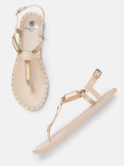 

Carlton London Women Cream-Coloured & Gold-Toned Enamelled T-Strap Flats