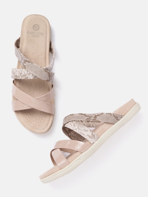 

Carlton London Women Peach-Coloured & Taupe Snakeskin Textured Open Toe Flats