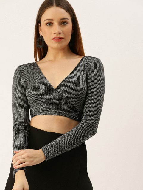 

FOREVER 21 Women Black & Silver-Toned Self-Striped Crop Wrap Top