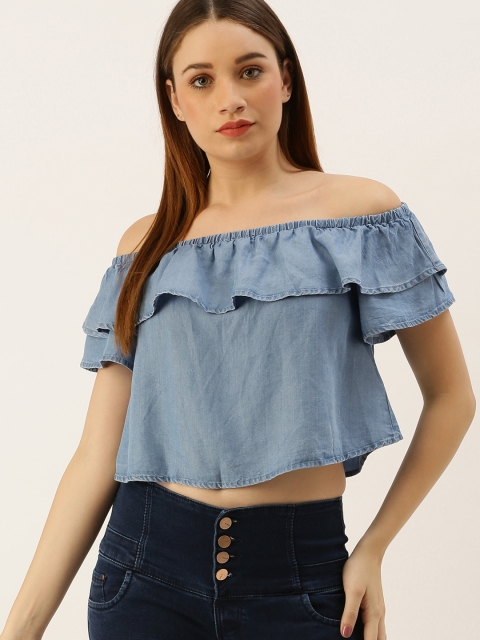 

FOREVER 21 Women Blue Solid Chambray Bardot Crop Top with Ruffle Detail