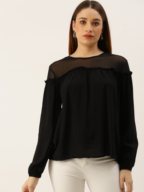 

FOREVER 21 Women Black Solid Top With Ruffles & Gathered Detail