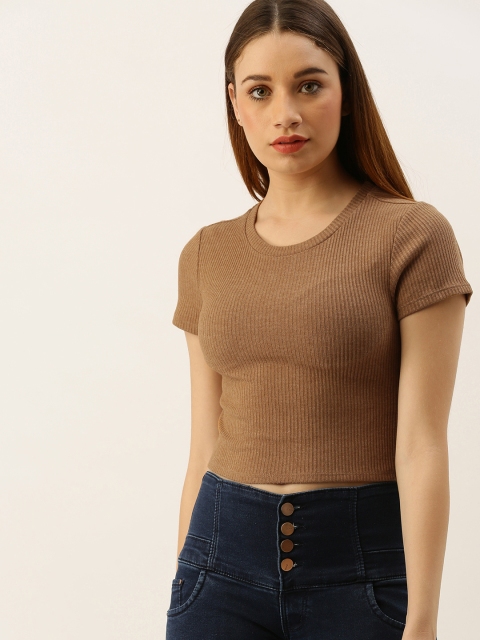 

FOREVER 21 Women Brown Ribbed Knitted Cropped Top