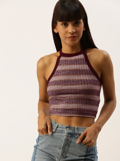 

FOREVER 21 Women Burgundy & Pink Striped Fitted Crop Top