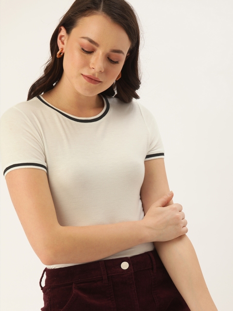 

FOREVER 21 Women Off-White Solid Round Neck T-shirt
