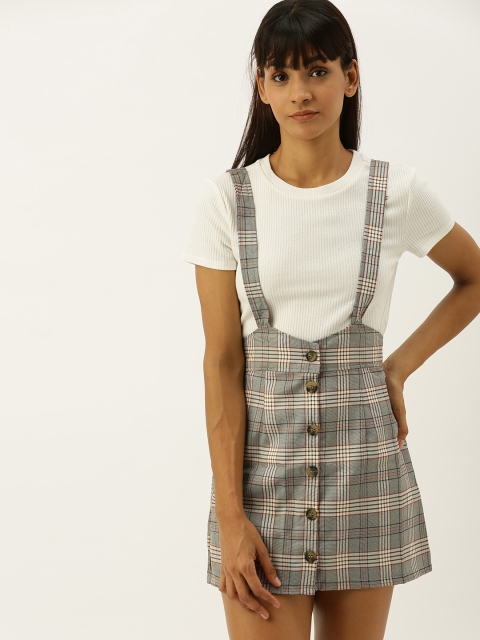 

FOREVER 21 Women Grey & Off-white Checked Mini Skirt With Suspenders