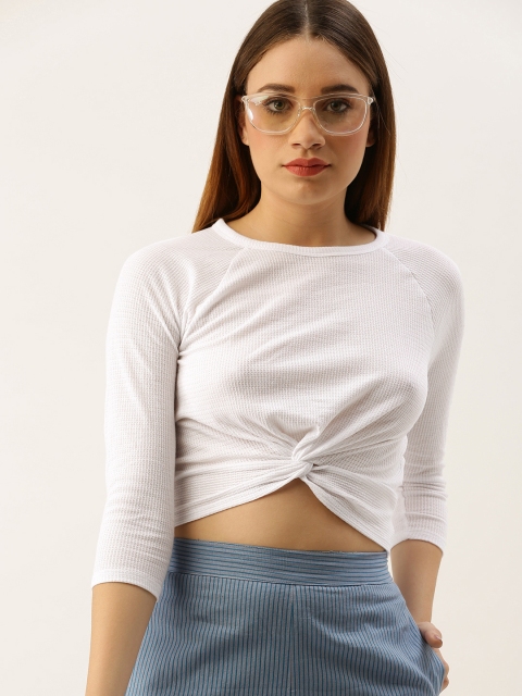 

FOREVER 21 Women White Solid Cropped Cinched Waist Top