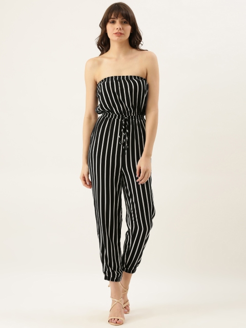 

FOREVER 21 Women Black & White Striped Basic Jumpsuit With Waist Tie-Up Detail