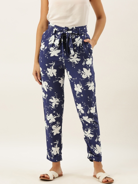 

FOREVER 21 Women Navy Blue & White Tapered Fit Printed Peg Trousers