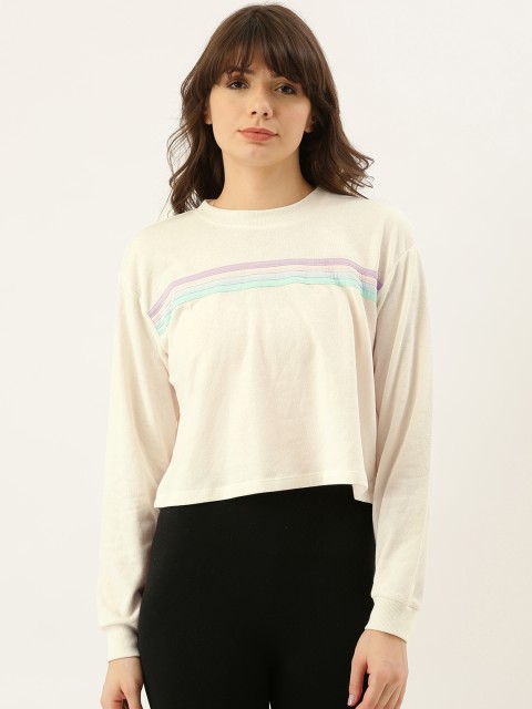 

FOREVER 21 Women Cream-Coloured Solid Sweatshirt With Striped detail