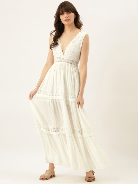 

FOREVER 21 Women White Solid Maxi Dress With Lace Detailing