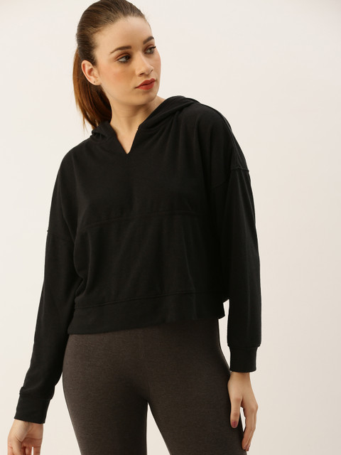 

FOREVER 21 Women Black Solid Hooded Sweatshirt
