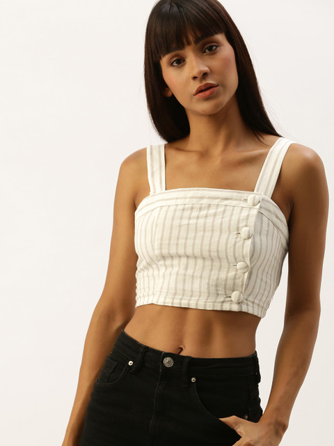 

FOREVER 21 Women Off-White & Grey Striped Cropped Top