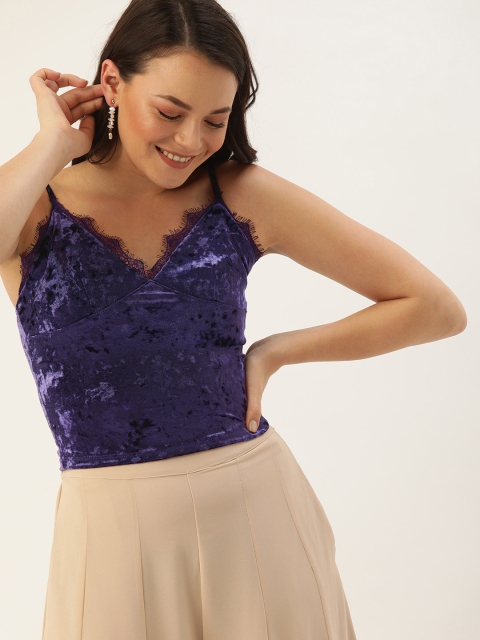 

FOREVER 21 Women Purple Solid Velvet Fitted Crop Top With Lace Inserts