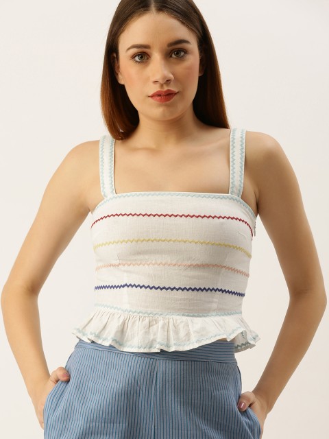 

FOREVER 21 Women White Embroidered Peplum Top