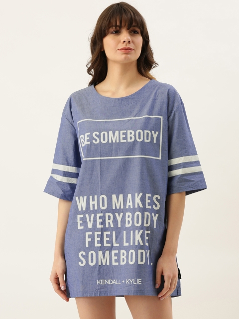 

FOREVER 21 Women Blue & White Printed T-shirt Dress